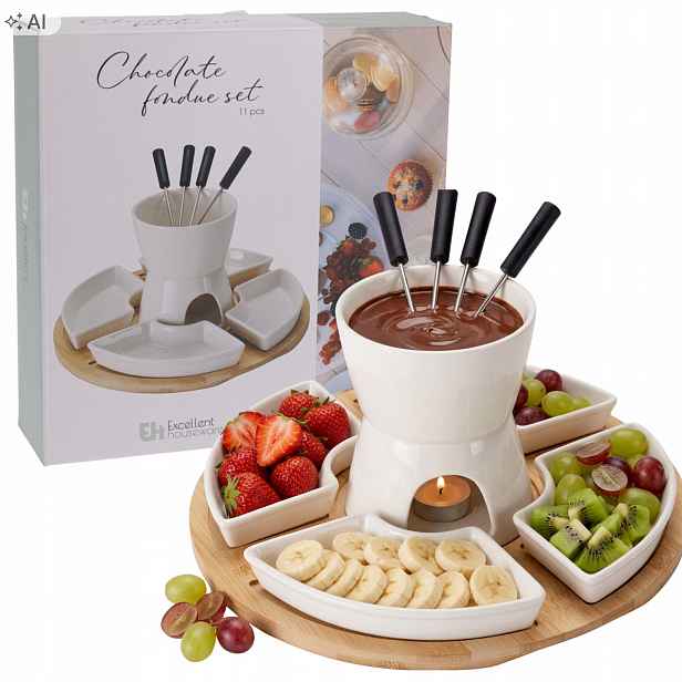 Sada na fondue čokoláda pro 4 osoby, misky, vidličky, podnos z bambusu, 26 cm