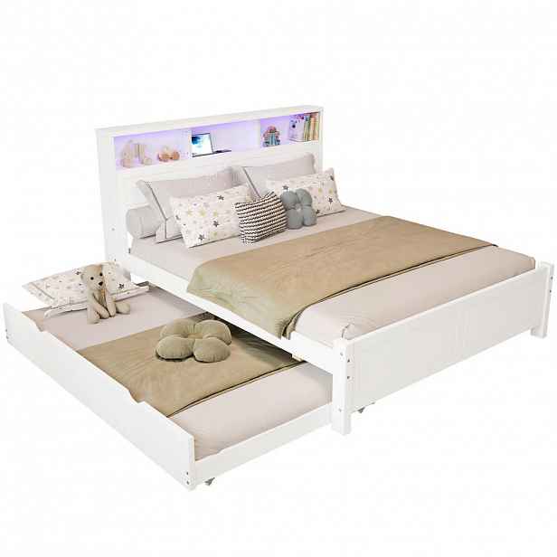CHICFURN POSTEL 120/200 cm & 90/190 cm v bílé barvě s výsuvným lůžkem, LED a Type-A