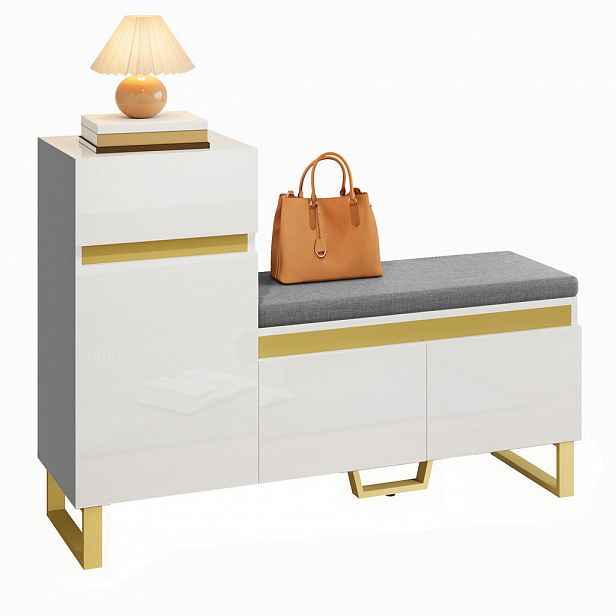 Modfu BOTNÍK z MDF 120x35x85 cm bílý s lavicí, zásuvkou a dvířky, částečně ve vysokém lesku
