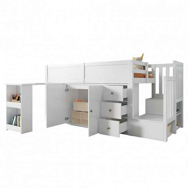 CHICFURN VYVÝŠENÁ POSTEL 90/200 cm v bílé barvě s výsuvným stolem, skříní a zásuvkami