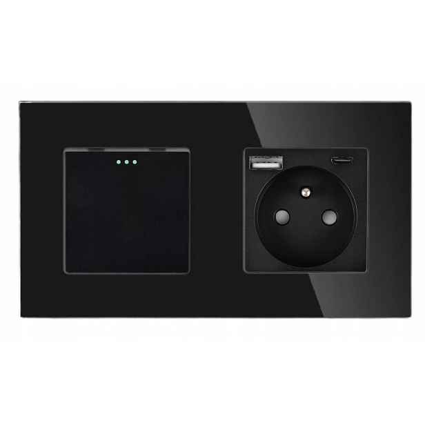 Jediný Vypínač Světla 1G Zásuvka S Usb A+c Černý Skleněný eLumos