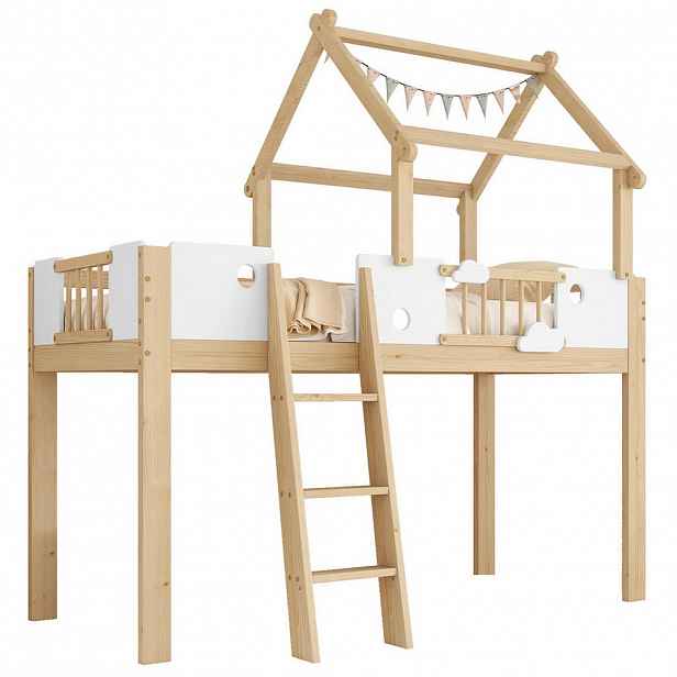 OKWISH VYSOKÁ dětská postel 204,5/123,5/196 cm bílá/přírodní s žebříkem a stříškou z borovice MDF a překližky