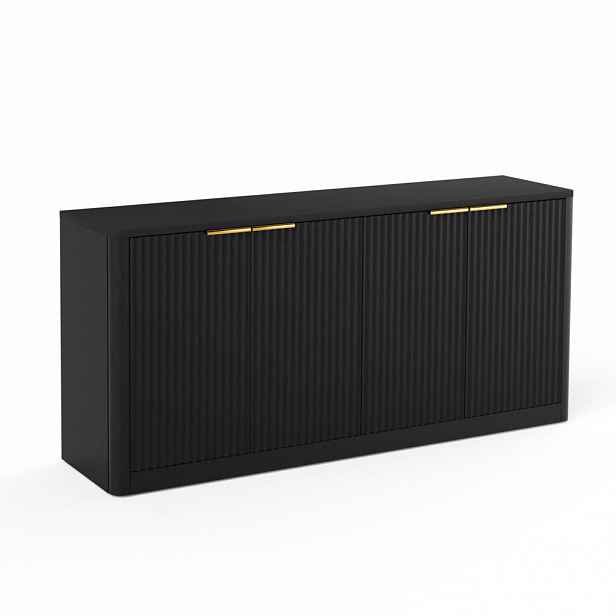 Urban Meuble SIDEBOARD černý a dekor dřeva 150 cm s vlnitým designem a 4 dvířky