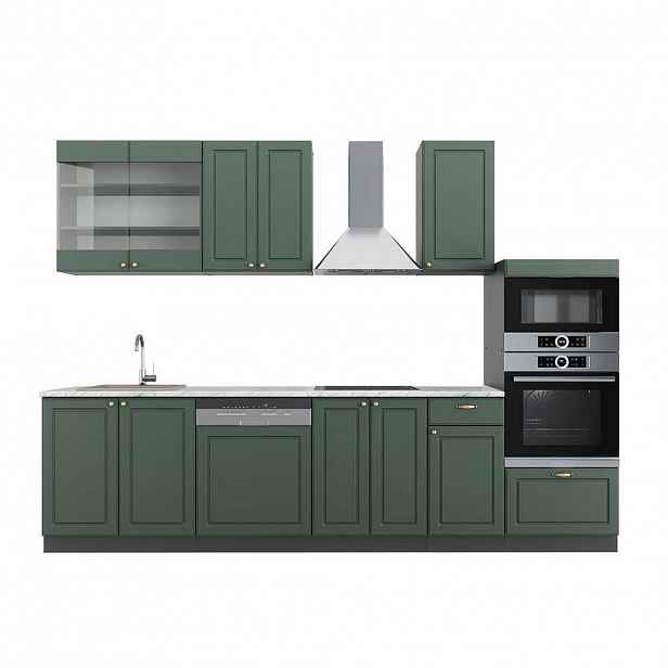 Vicco KUCHYŇSKÝ KOUT Fame-Line Zeleno-zlatá Country House/Anthracite 300 cm s vysokou skříní, PD Mramor