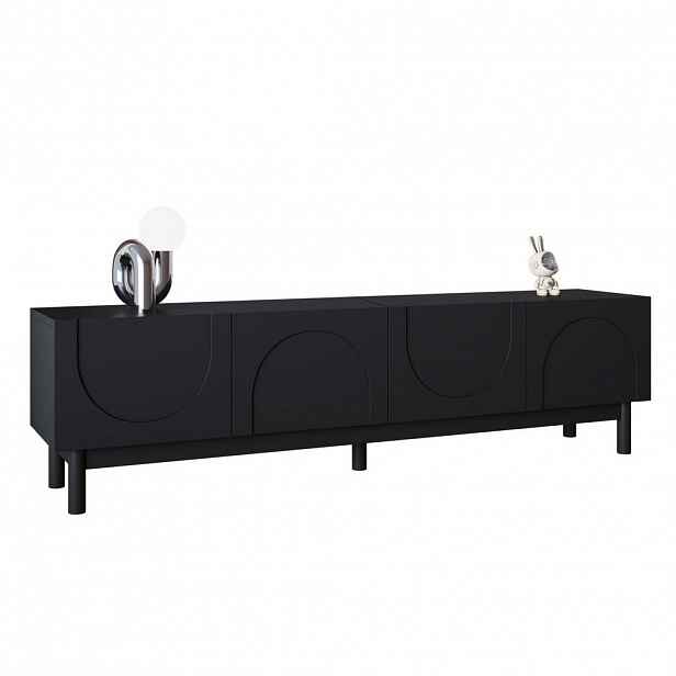 Modfu TV stolek z MDF a dřevotřísky 169x34x45,5 cm černý se 4 dvířky, policemi a bezúchytovým designem