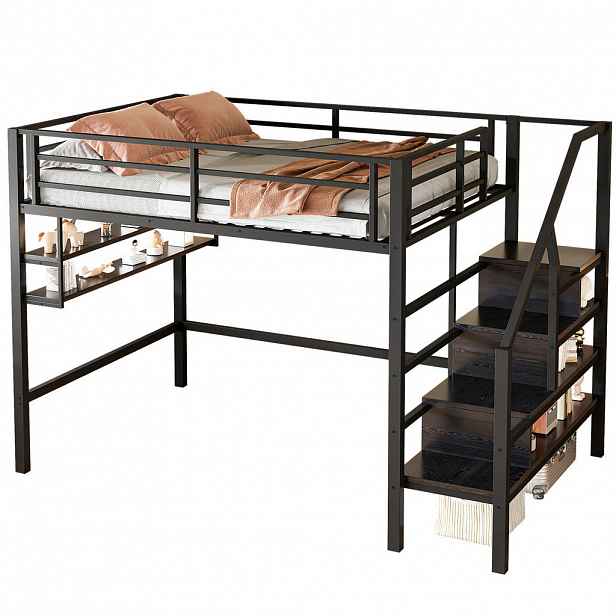 OKWISH PATROVÁ postel 140/200 cm černá z kovu a MDF s policemi