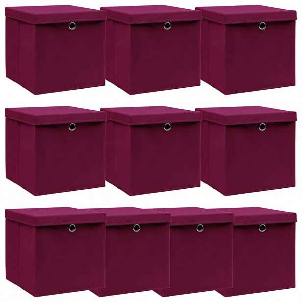 vidaXL Úložné boxy s víky 10 ks tmavě červené 32 x 32 x 32 cm textil