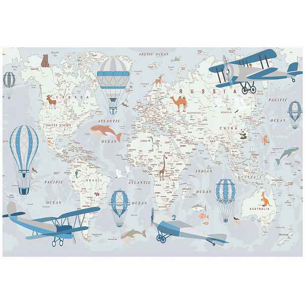 Vinylová fototapeta Chlapec Mapa světa Letadla Šedá 3D 254x184