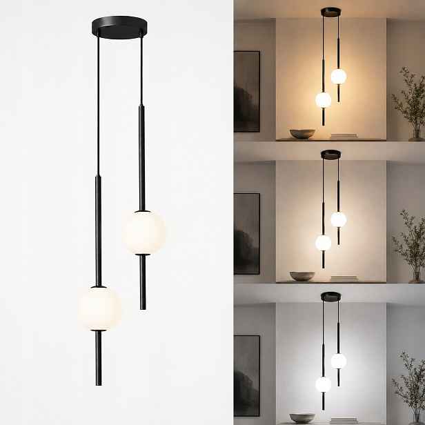 Závěsná Lampa Černá 2 Skleněné Koule G9 3 Barvy, Nastavitelná Do Obývacího Pokoje