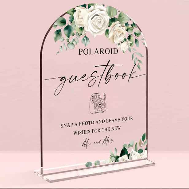 TEMU 2D plochá akrylová cedulka "Polaroid Guestbook" s eukalyptu a růže se stojanem – svatební dekorace na fotoknihu, stojáček na fotku a přání