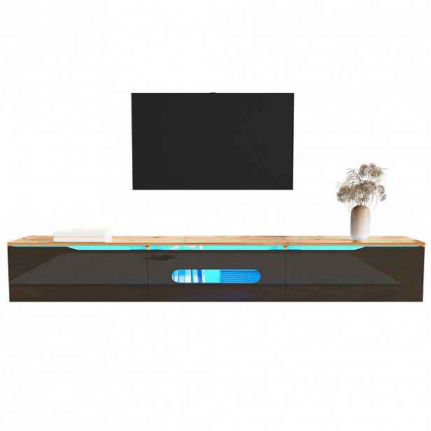 Modfu TV stolek z MDF a dřevotřísky 180x35x30 cm černý v dekoru dřeva s 16barevným LED osvětlením a tichým dovíráním
