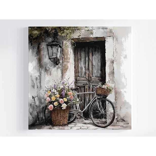 Obraz Na Plátně Canvas Vintage Kolo Staré Dveře Koš Květiny Růže 50x50