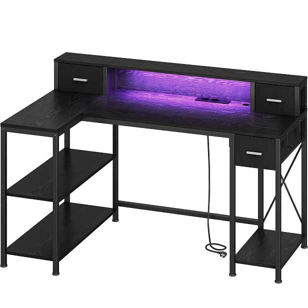 TEMU Psací stůl, počítačový stůl, L-čepový herní stůl s LED osvětlením a 2 AC + USB , 132 x 80 cm, rohový stůl, pro domácí kancelář, ložnici, černý
