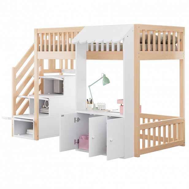 CHICFURN VYVÝŠENÁ POSTEL 90/200 cm v přírodní barvě s úložnými schody a LED