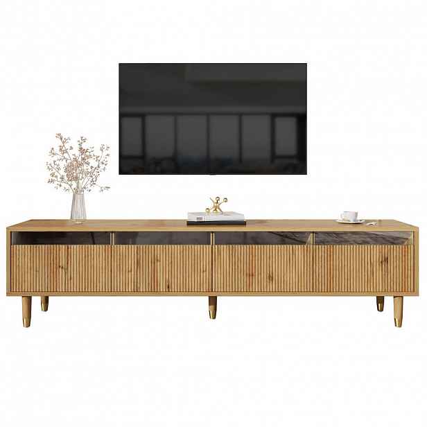 Modfu TV stolek z MDF 178x35x45 cm v dekoru dřeva se 4 zásuvkami a kabelovými otvory, minimalistický design