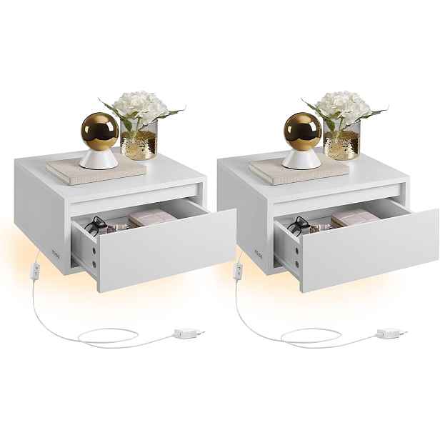 SONGMICS Sada 2 ks závěsných nočních stolků Vasagle Drawer s LED osvětlením bílá