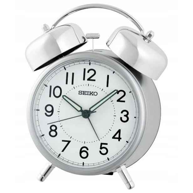Velký Stříbrný Retro Budík Se Zvonky Seiko QHK063S, Netikající, Hlasitý Alarm
