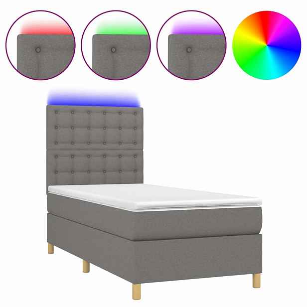 vidaXL Box spring postel s matrací a LED tmavě šedá 90x190 cm textil