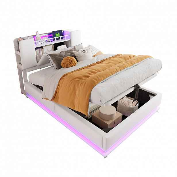 CHICFURN ČALOUNĚNÁ POSTEL 90/200 cm v béžové barvě s úložným prostorem, LED a USB