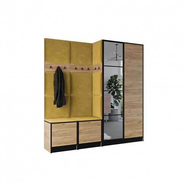 Kier Furniture ŠATNÍ SKŘÍŇ do předsíně EDEN 21 se zrcadlem - Dub Craft & žlutá látka