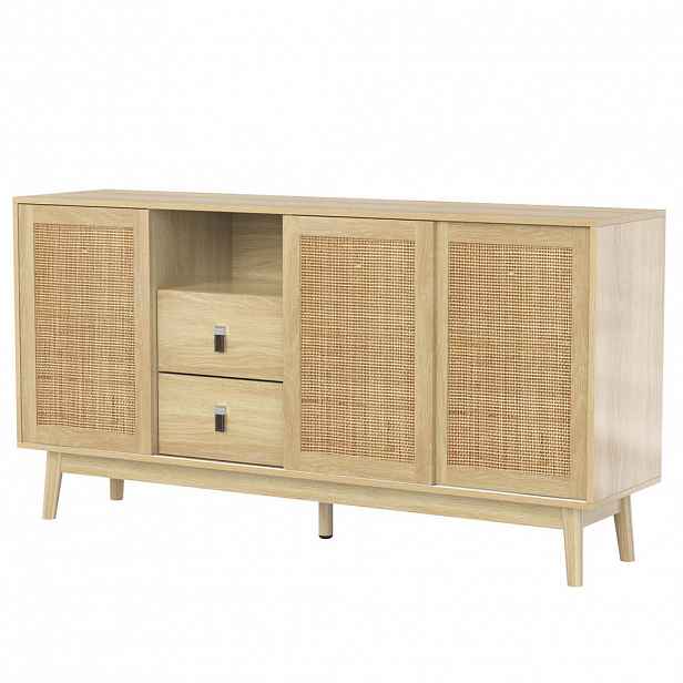 Modfu KOMODA z MDF 155x38x80 cm v barvě dřeva se 3 posuvnými ratanovými dvířky a 2 zásuvkami