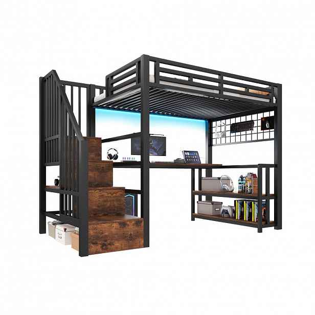 CHICFURN VYVÝŠENÁ POSTEL 90/200 cm v černé barvě s psacím stolem, LED osvětlením a USB
