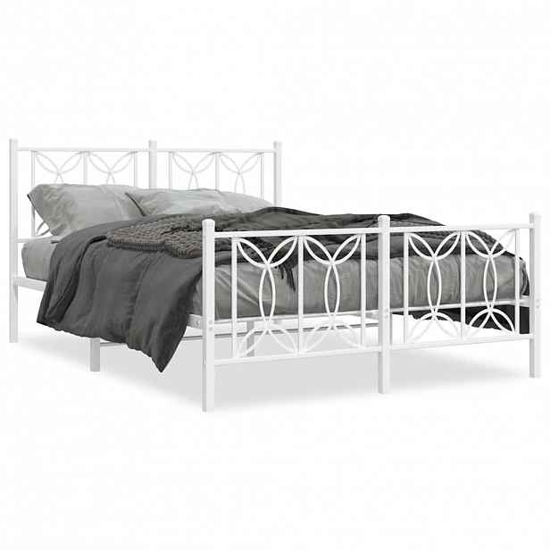 vidaXL Kovový rám postele s hlavovým a nožním čelem bílý 135 x 190 cm