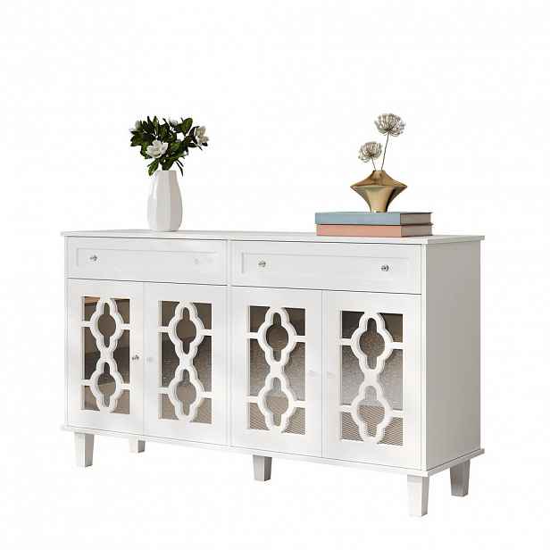 Modfu KOMODA z MDF 140x40x83 cm bílá se 4 zrcadlovými dvířky, 2 zásuvkami a nastavitelnou policí