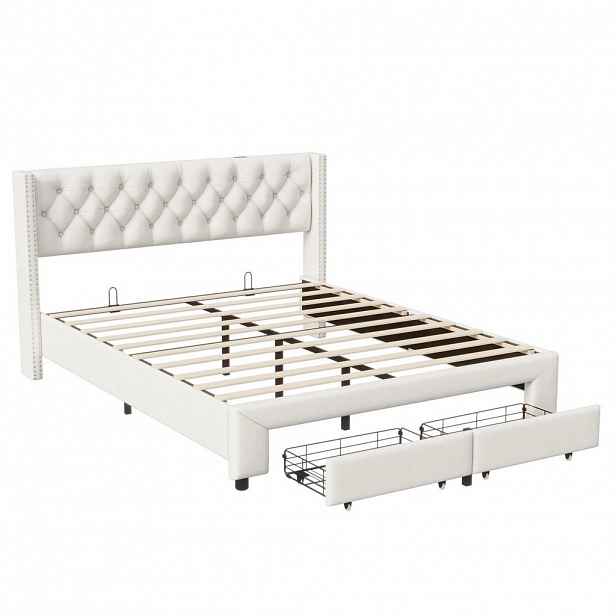 SHOPENTRA ČALOUNĚNÁ postel 160x200 cm béžová sametová LED USB postel s boxem