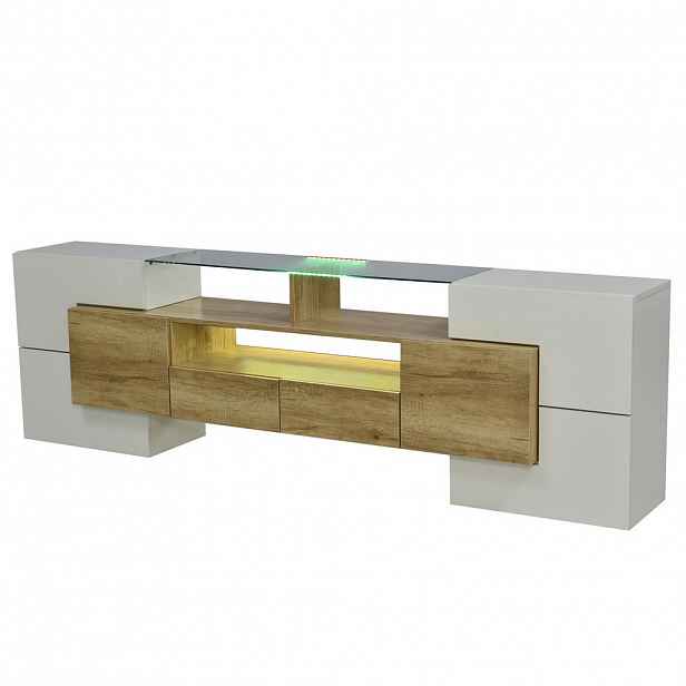Modfu TV stolek z MDF 200x35x60 cm bílá ve vysokém lesku a přírodní dekor s LED osvětlením a velkým úložným prostorem