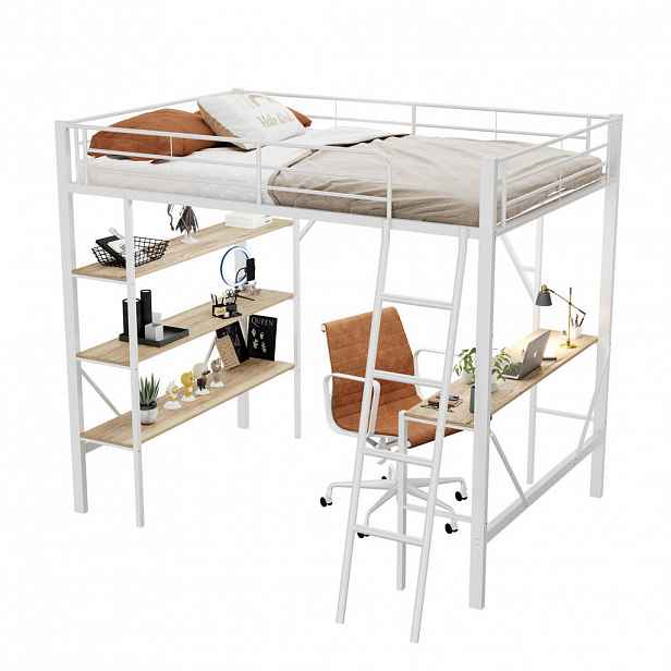 OKWISH VYSOKÁ postel 204,5/149/180,5 cm bílá s psacím stolem a 3 policemi z kovu a MDF