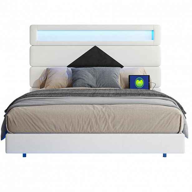 SHOPENTRA ČALOUNĚNÁ postel 140/190 cm béžový samet s LED USB čelem