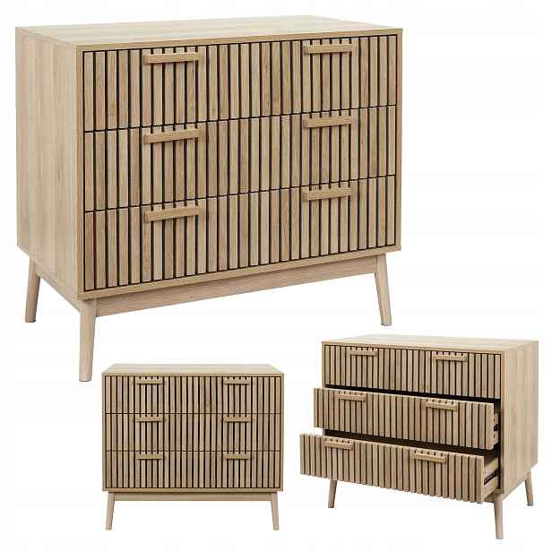 Lamelová komoda Linea 90 cm 3 zásuvky velká, moderní, prostorná do obývacího pokoje