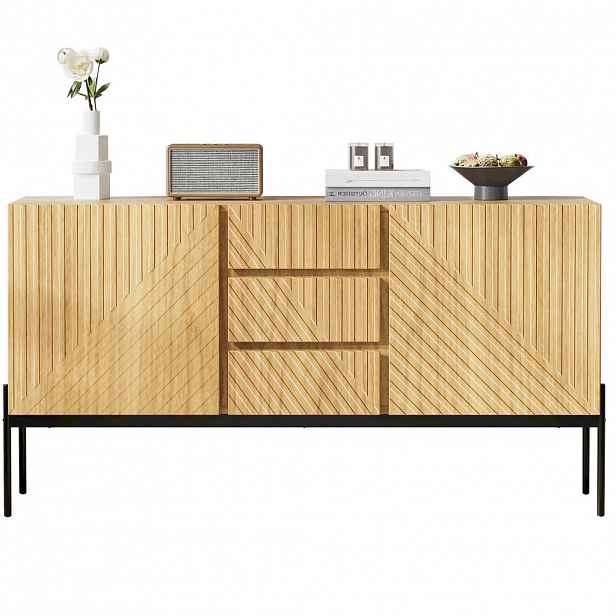 Modfu KOMODA z dřevotřísky 140x75x40 cm v přírodní barvě se 3 zásuvkami, 2 dvířky, nastavitelnou policí a kovovými nohami