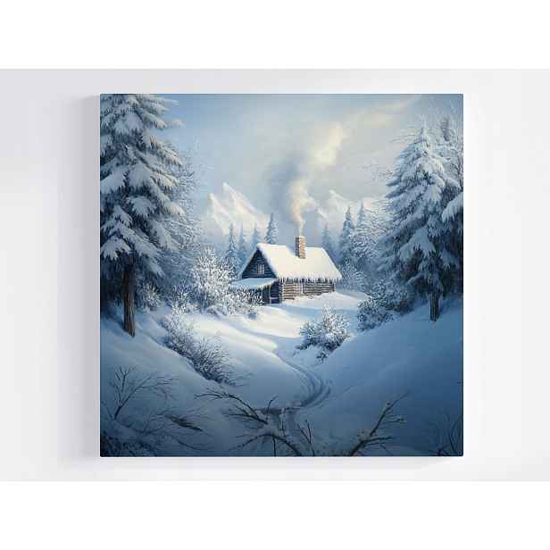 Obraz Na Plátně Plátno Krajina Zima Sníh Les Hory Dům Sroubená Chata 50x50