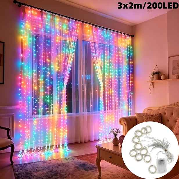 TEMU 1 balení vícebarevných pohádkových závěsných řetězových světel, 200 LED, provoz na bateriovou krabičku (baterie nejsou součástí), 8 režimů