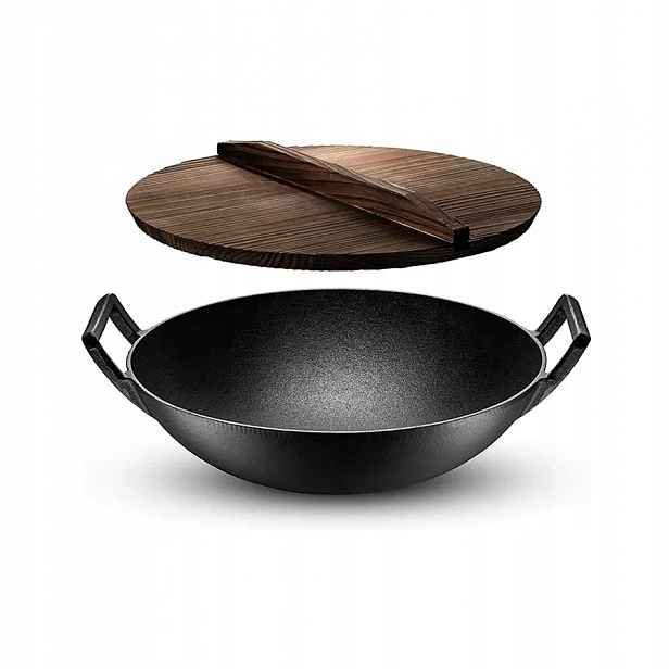 Wok litinový tradiční čínský s dřevěným víkem, velký, 36,5 cm