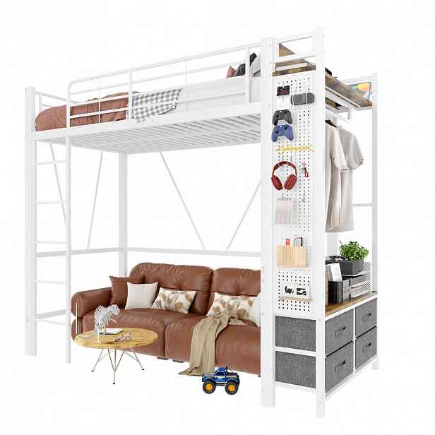 CHICFURN VYSOKÁ POSTEL 90/200 cm v bílé barvě se 4 zásuvkami, LED, USB a Type-C