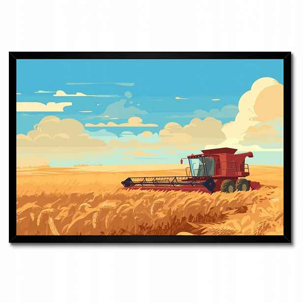 Plakáty v rámu 60x40 Červený kombajn v poli na sklizni