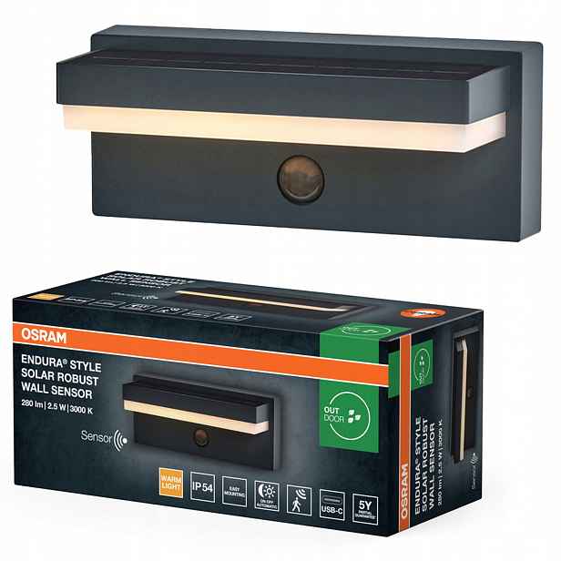 Zahradní nástěnné svítidlo Solární Lampa Led Snímač pohybu 2.5W 3000K IP54 Usb-c