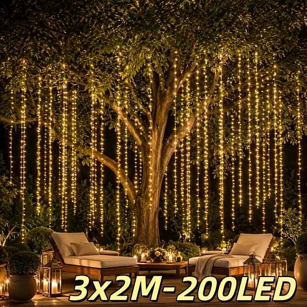 TEMU 10X6,6 stop, 200 LED venkovní závěsné světla na baterie, vodopádová pohádková světelná řetěz, závěsný 8 režimů blikající světelný řetěz, vhodné