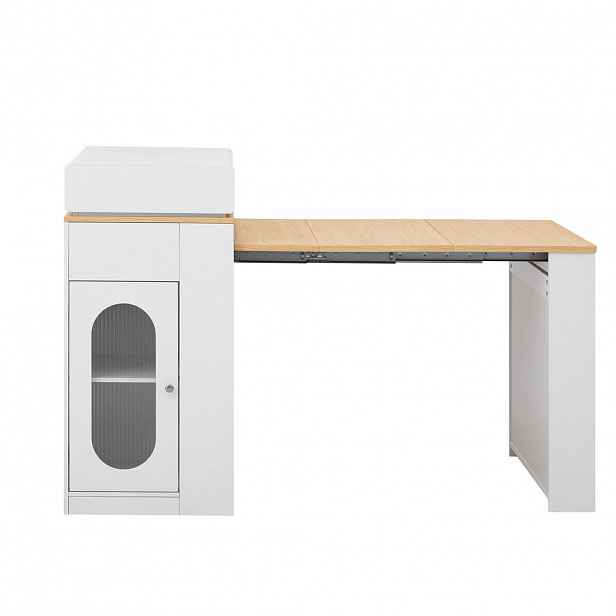 OKWISH KUCHYŇSKÝ ostrůvek 83/46–146,5/96 cm bílý z MDF a skla s výsuvnou deskou a zásuvkami
