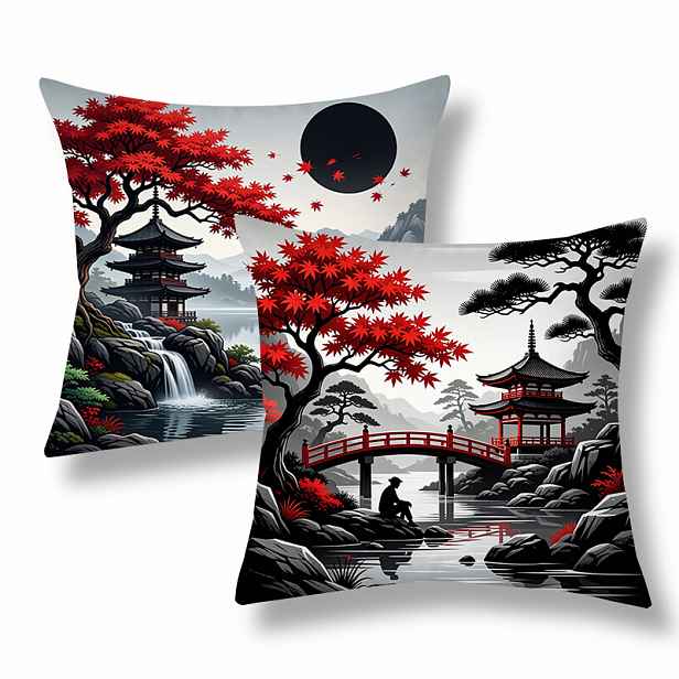 TEMU 2 ks povlaků na polštáře v japonském stylu, dekorativní obaly na polštáře, krajinný motiv s červenými javory a pagodami, monochromatický -