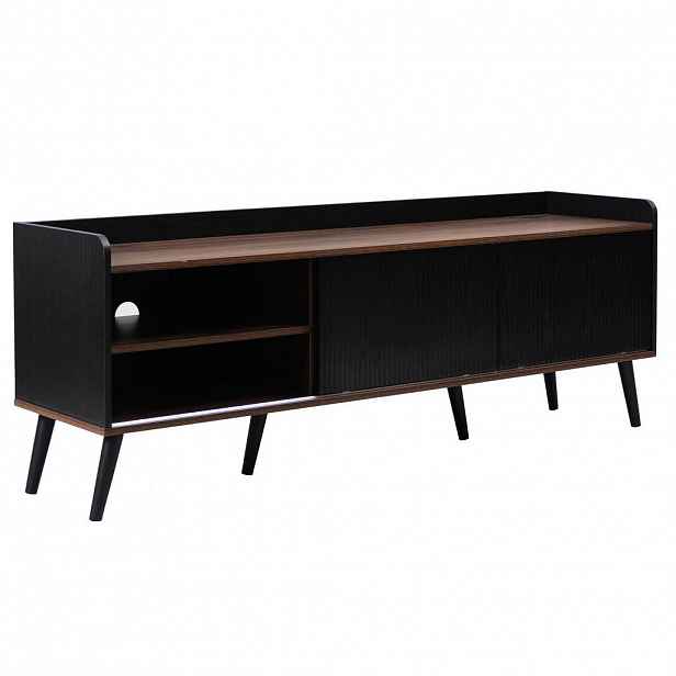 Modfu TV stolek z dřevotřísky 160x40x58 cm černý/přírodní se 2 posuvnými dveřmi, 2 zásuvkami a zvýšenou hranou
