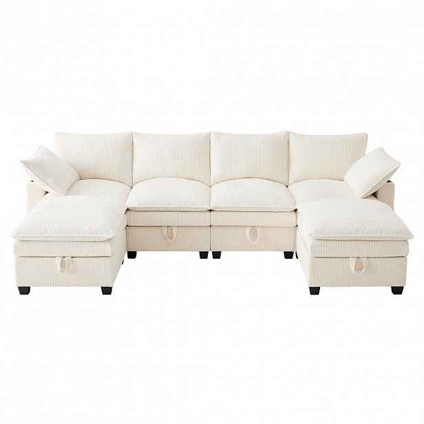 Modfu MODULÁRNÍ rohová pohovka z manšestru 280x151x82 cm béžová se 2 taburety, USB porty a úložným prostorem