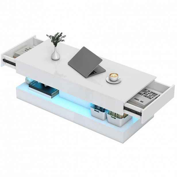 OKWISH KONFERENČNÍ stolek 120/50/42 cm bílý z dřeva s LED osvětlením a 2 zásuvkami