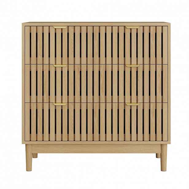 Urban Meuble SIDEBOARD dekor dub a lamelový design se 3 zásuvkami a zlatými úchytkami