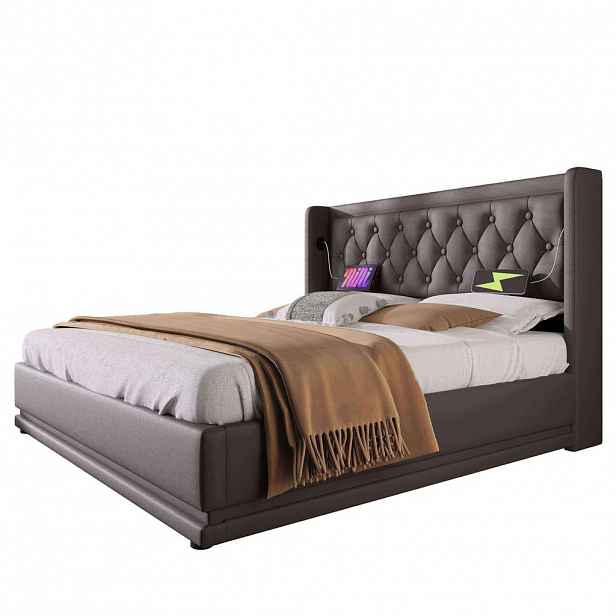 CHICFURN ČALOUNĚNÁ POSTEL 140/200 cm v černé barvě z PU s úložným prostorem, LED, USB a Type-C