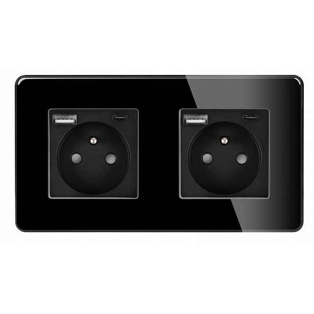eLumos Kontakt Zásuvka Elektrická Dvojitá s Usb A+c Skleněný Rámeček 2.5D Černá
