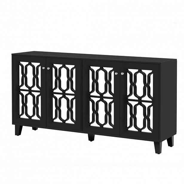 Modfu KOMODA z MDF 160x84x40 cm černá se zrcadlovým povrchem, 4 dveřmi a 2 nastavitelnými policemi